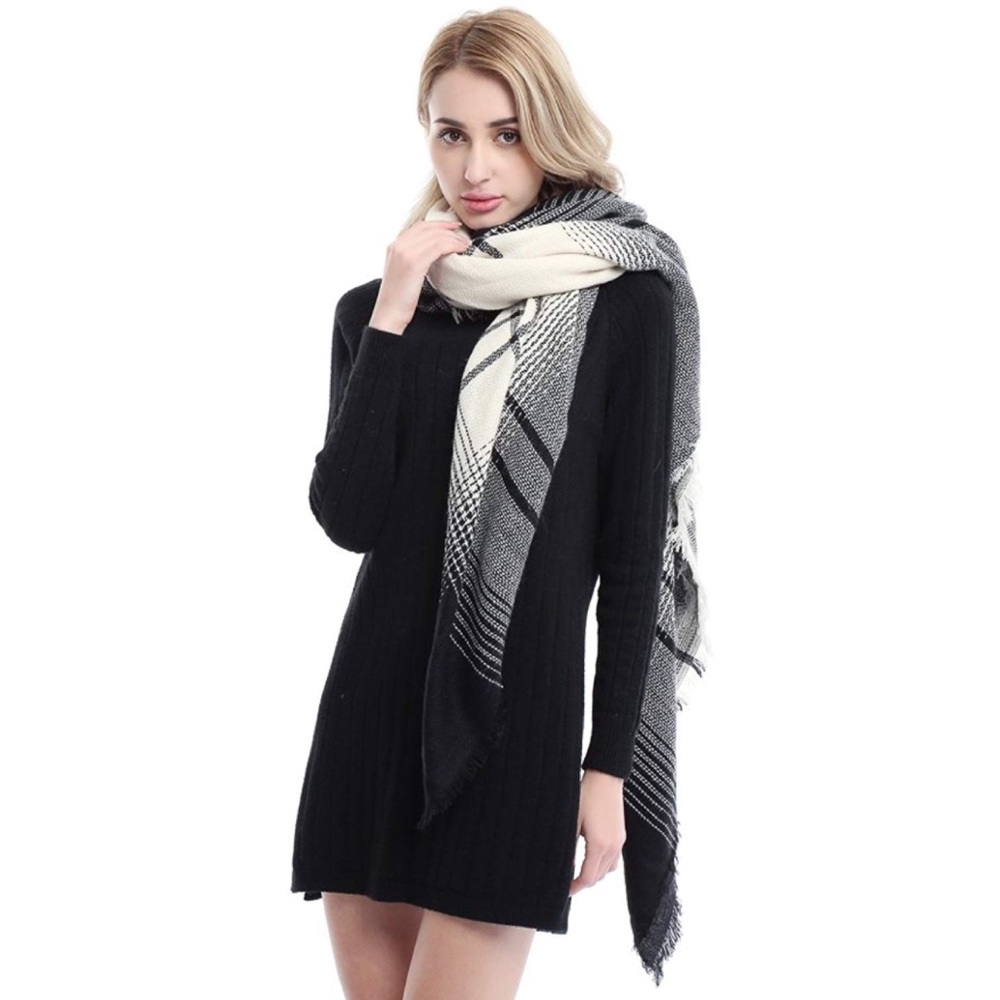 Cream Grey Black Ultra Plush Plaid Blanket Scarf - Picture 4 of 8